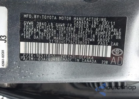 2011 Toyota Corolla S from USA, damaged, VIN 2T1BU4EE7BC698091